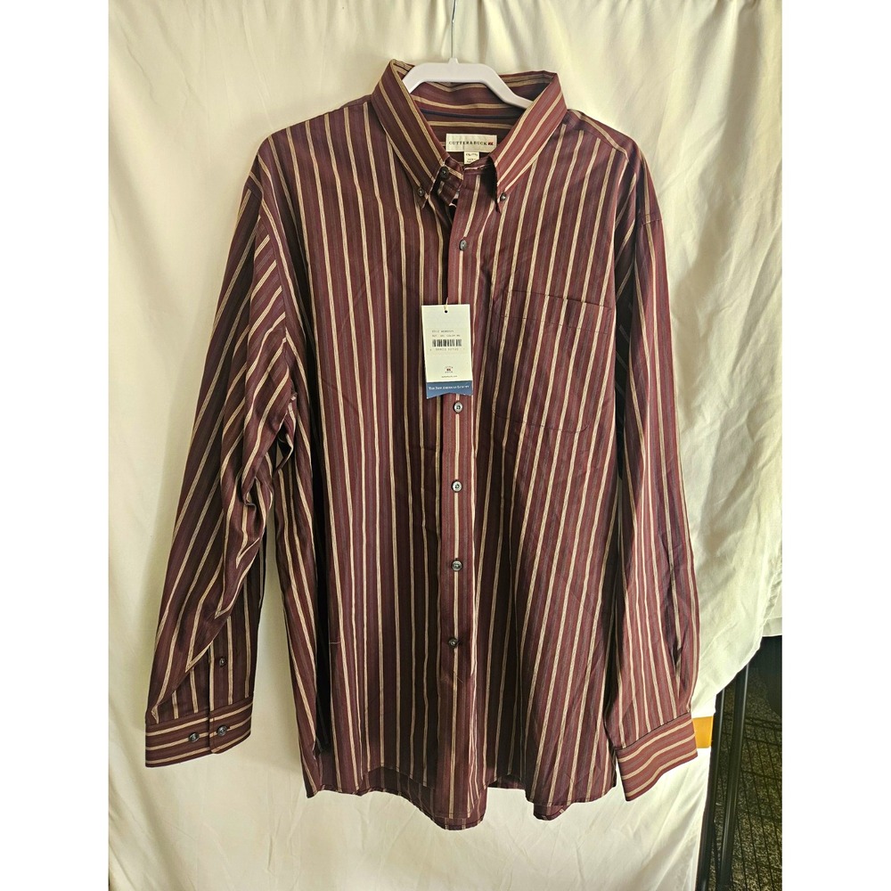 Cutter & Buck Button Down Mens XXL Burgundy NWT Striped Long Sleeve MCW01575